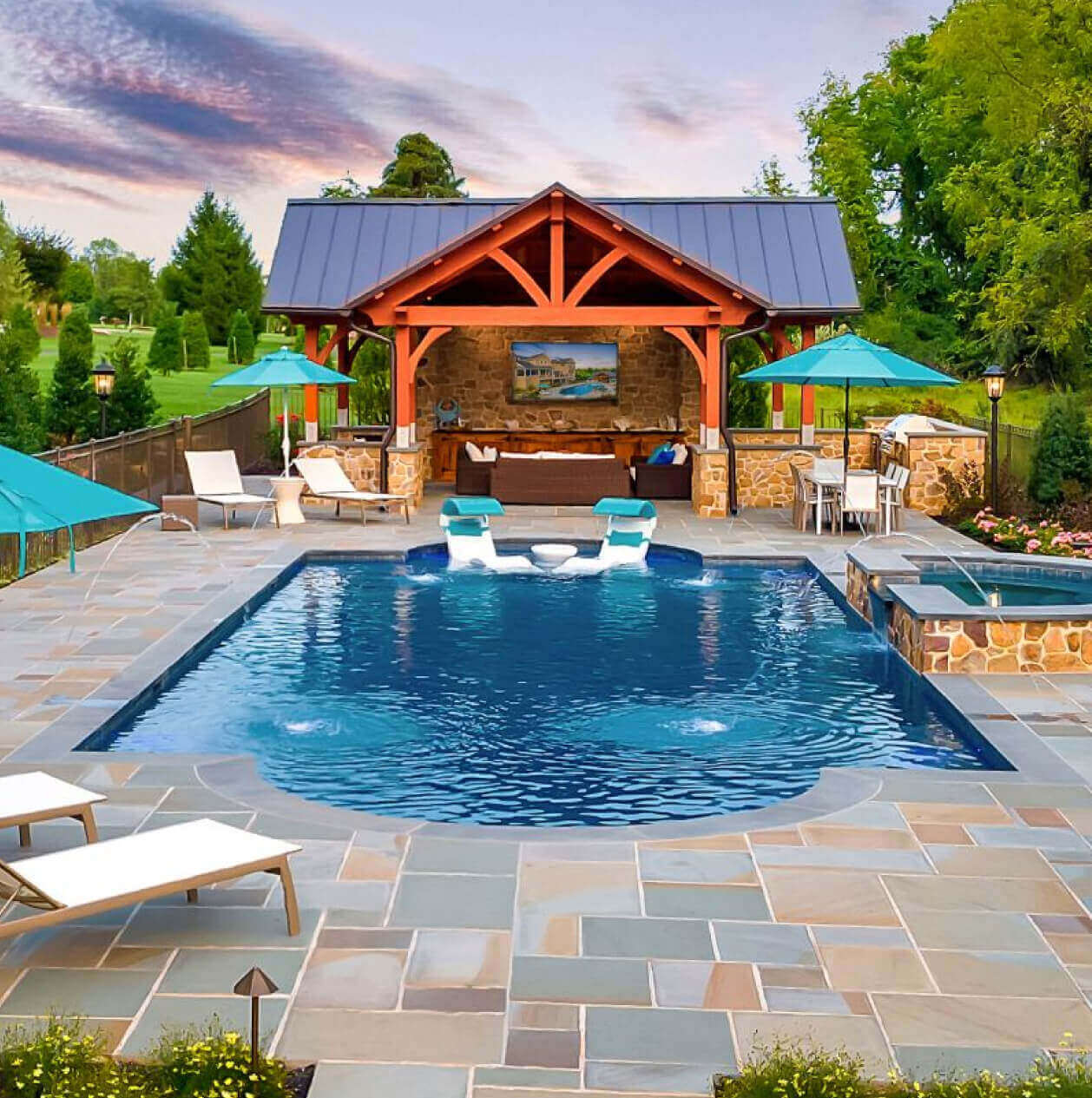 Outdoor living area featuring a custom pool and stylish poolside bar, perfect for relaxation and entertaining.