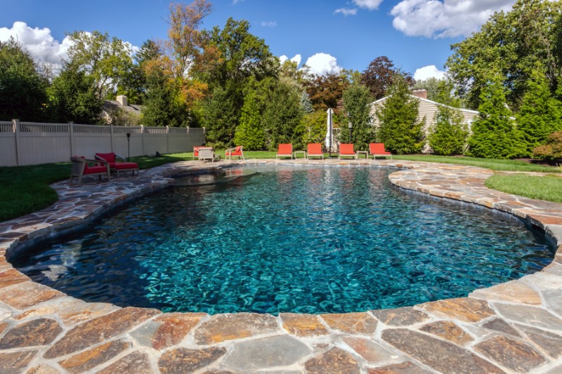 free form pool with stone walkway